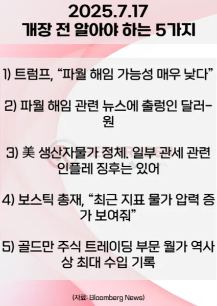오늘 개장 전 꼭 알아야 할 5가지 25년 7월17일 Bloomberg