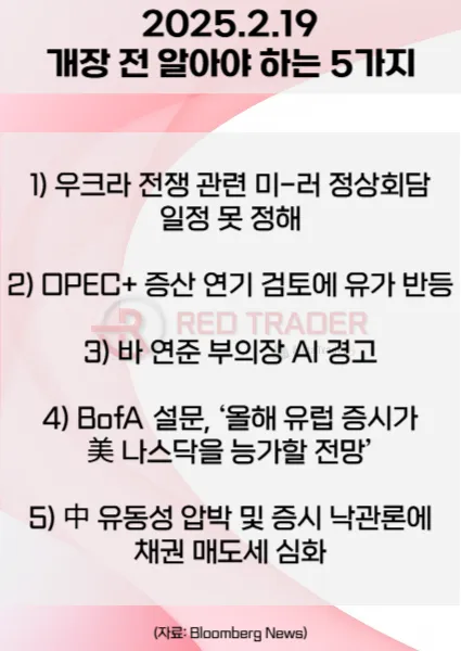 오늘 개장 전 꼭 알아야 할 5가지 2월19일 Bloomberg